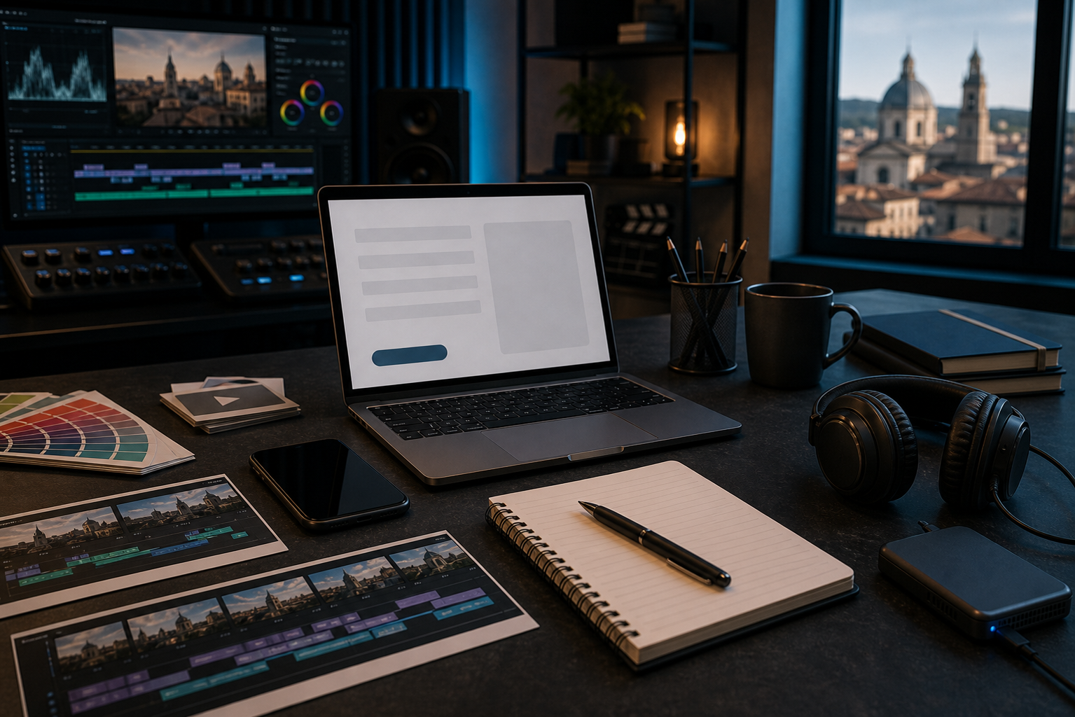 Postazione di contatto dello studio di montaggio video con scrivania e attrezzatura di editing