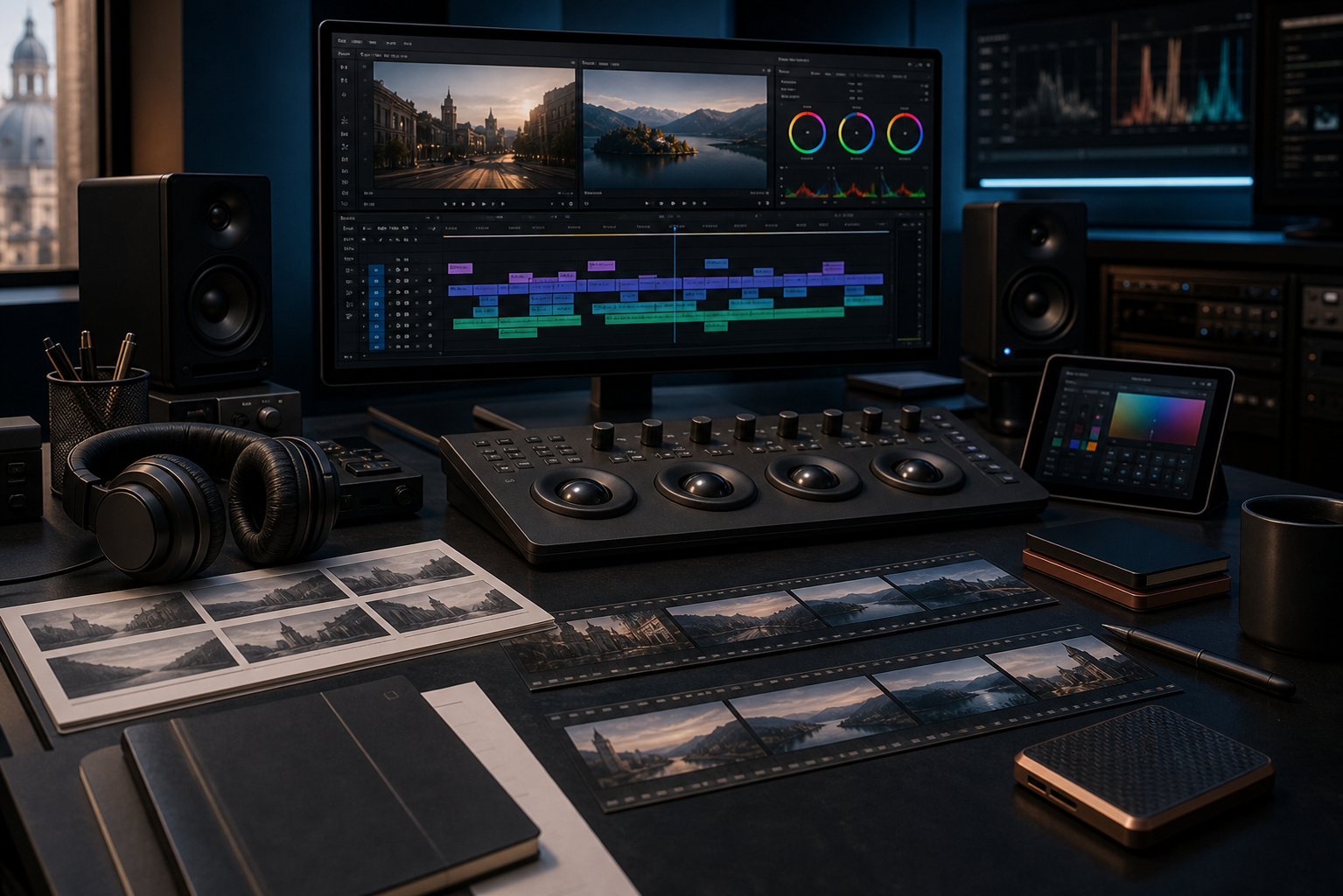 Postazione di montaggio video con timeline e moduli di editing dello studio Montaggio Video a Brescia